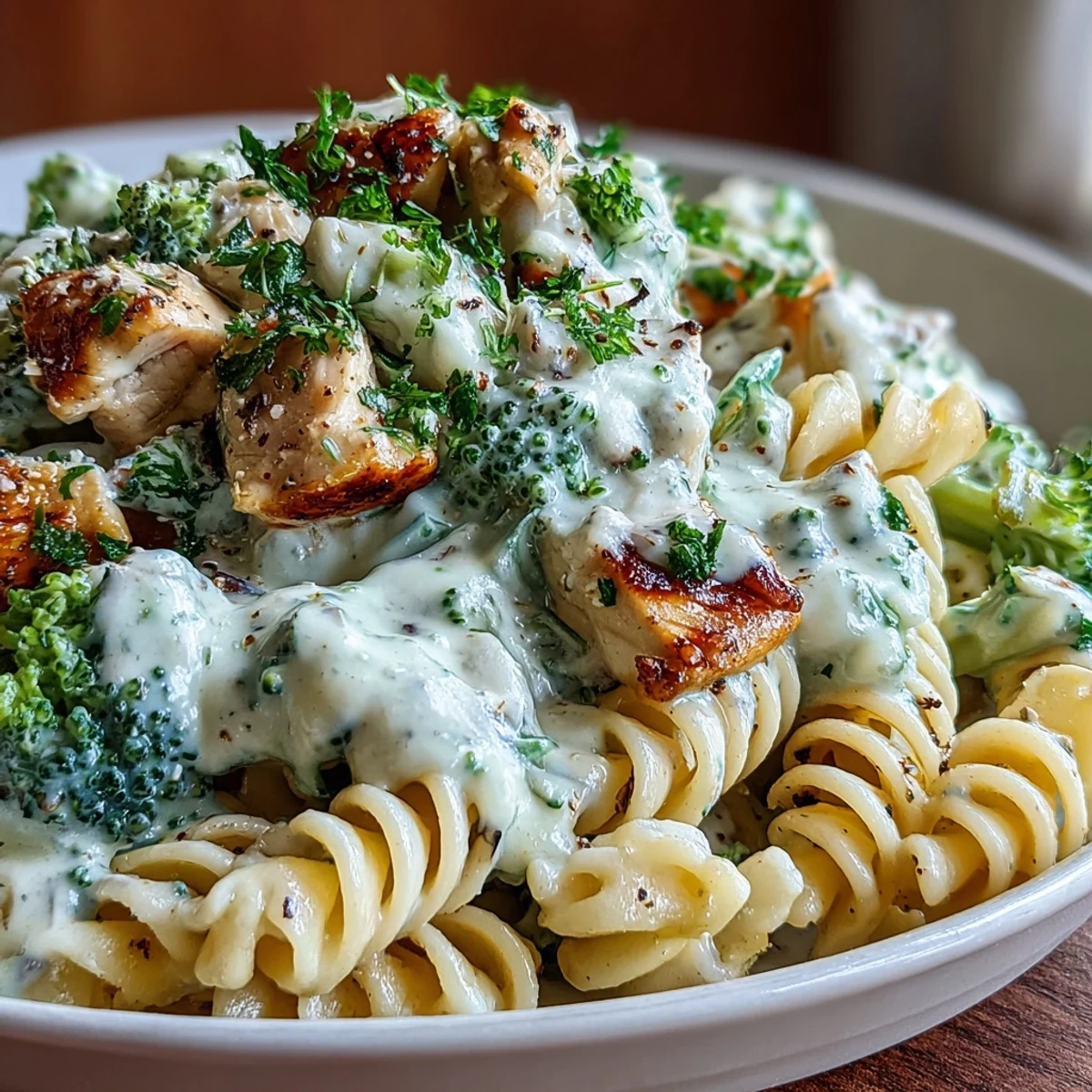 Creamy Garlic Parmesan Broccoli & Chicken Pasta features golden chicken and bright green broccoli tossed in a rich, garlicky sauce.