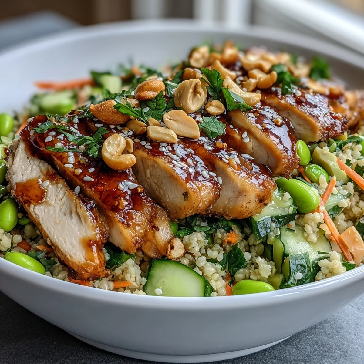 Sesame Ginger Chicken Couscous Bowls feature tender baked chicken and pearl couscous tossed in a vibrant sesame-ginger dressing with fresh cucumber and carrots.