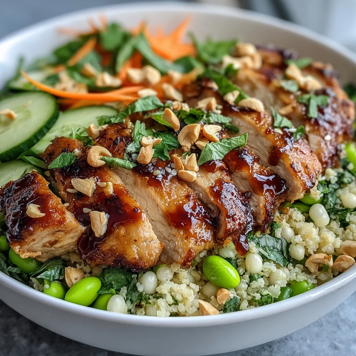 Colorful bowls of Sesame Ginger Chicken Couscous, topped with edamame, green onions, and herbs, perfect for a quick, satisfying weeknight dinner.