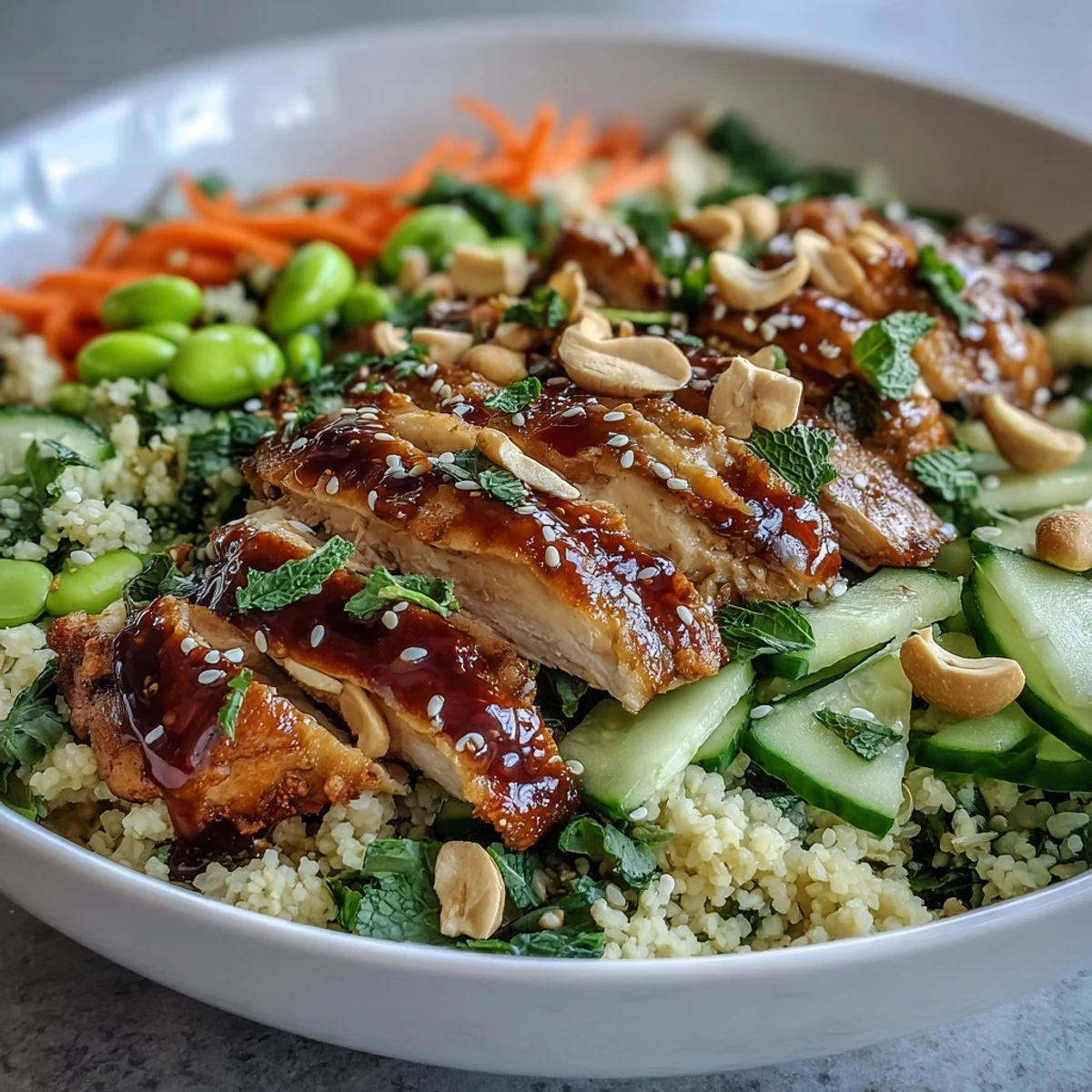 Sesame Ginger Chicken Couscous Bowls are plated with lime wedges and cashews, offering a fusion of Mediterranean and Asian flavors for 4 servings.