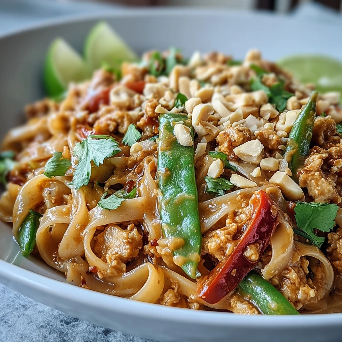 Steaming Creamy Thai-Inspired Peanut Noodle Bowls tossed with bright bell peppers and fresh cilantro in a wok.