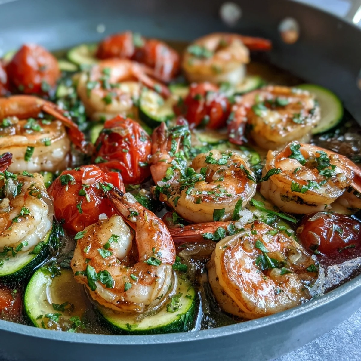 Bright orange cherry tomatoes and green zucchini cook in a buttery lemon sauce in a cast iron skillet, with golden shrimp and fresh parsley garnish.