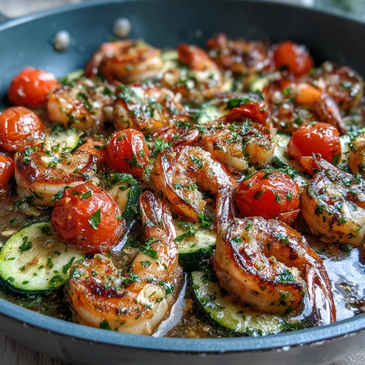A close-up of the One-Pan Lemon Butter Shrimp with Zucchini and Tomatoes, showing sizzling shrimp and tender vegetables in a glossy citrus butter sauce.