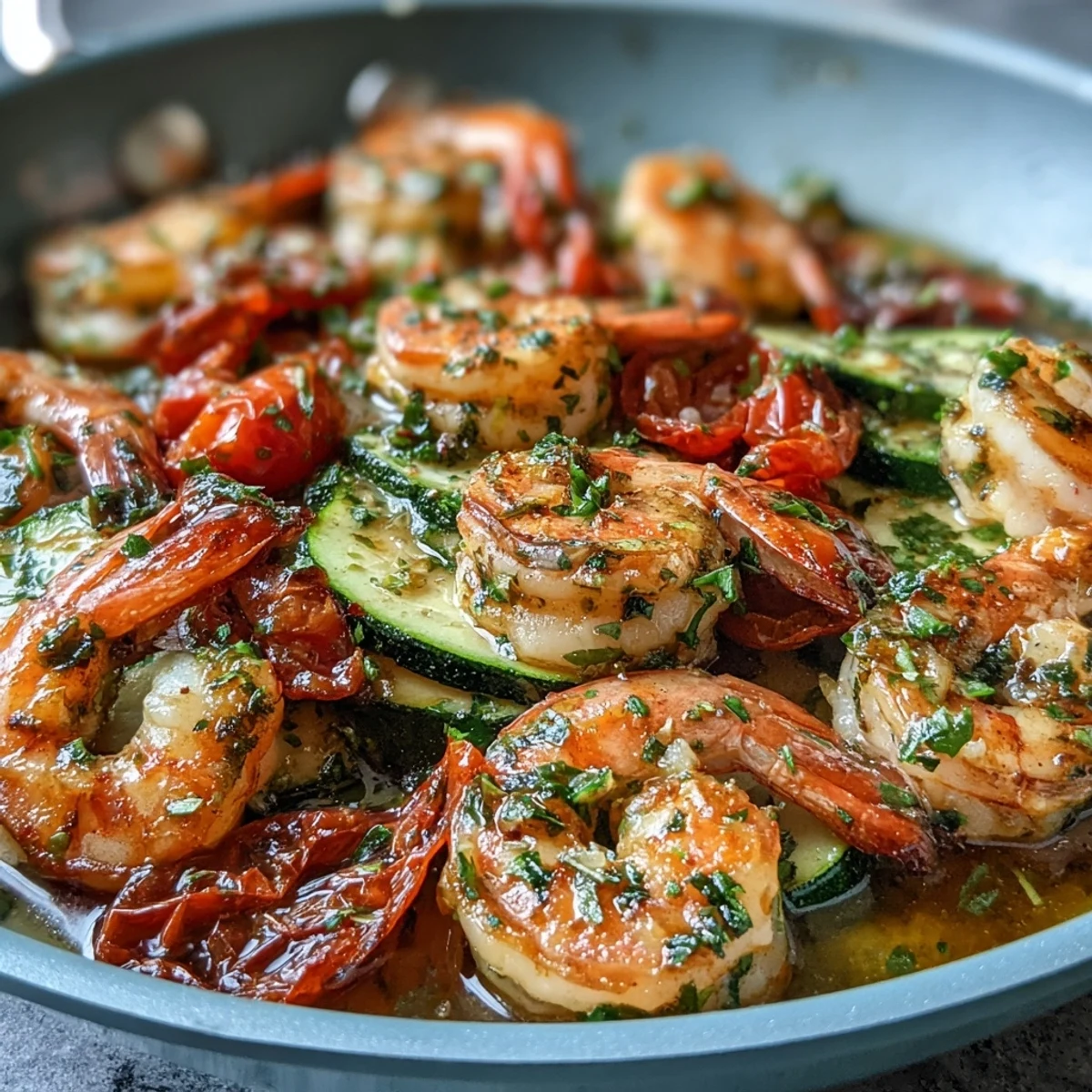 Finished One-Pan Lemon Butter Shrimp with Zucchini and Tomatoes, served with lemon wedges and parsley, ready for a quick gluten-free weeknight dinner.