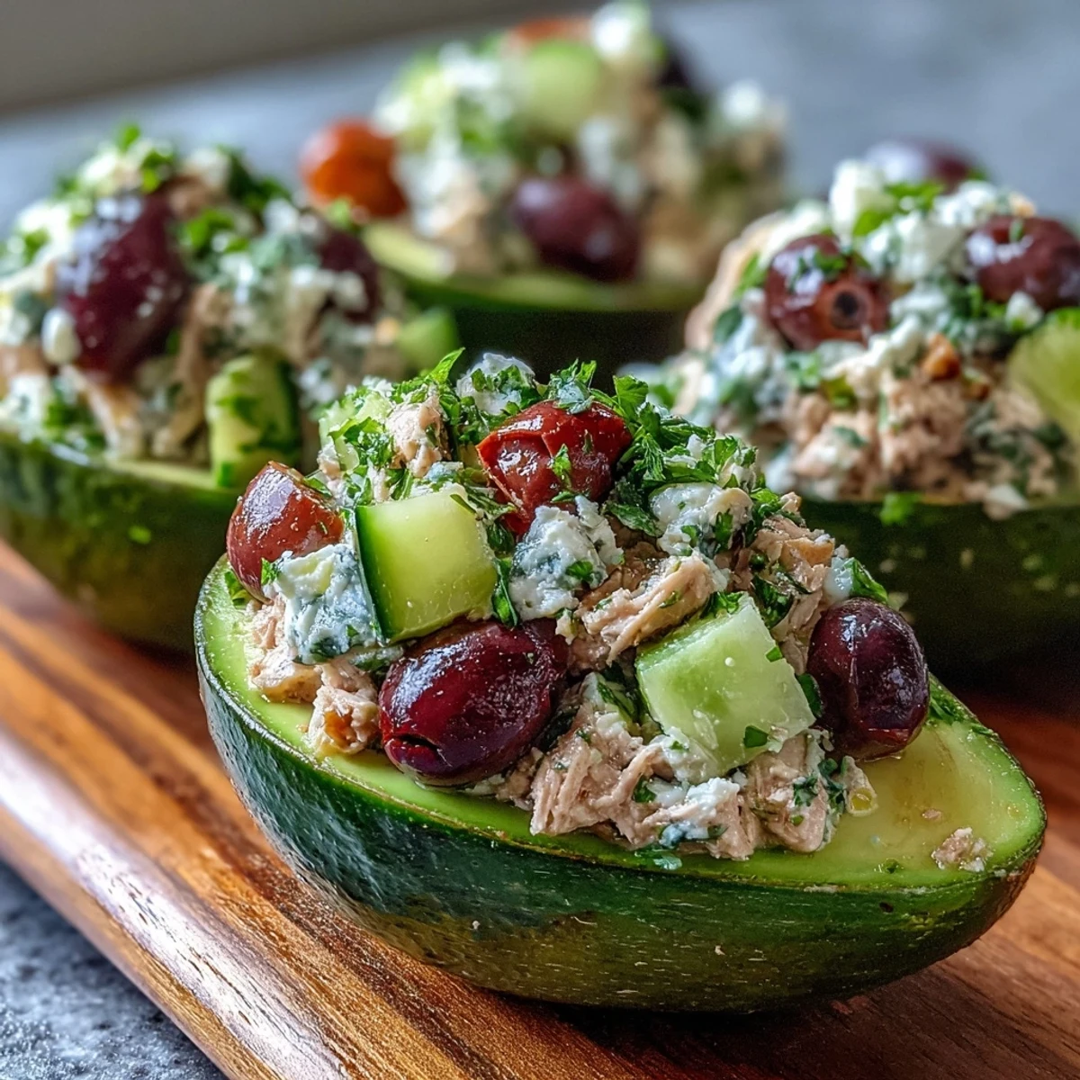 Spoon-ready Mediterranean Tuna Salad Stuffed Avocados on a white plate, showcasing diced cucumbers, cherry tomatoes, and crumbled feta for a bright and zesty flavor.
