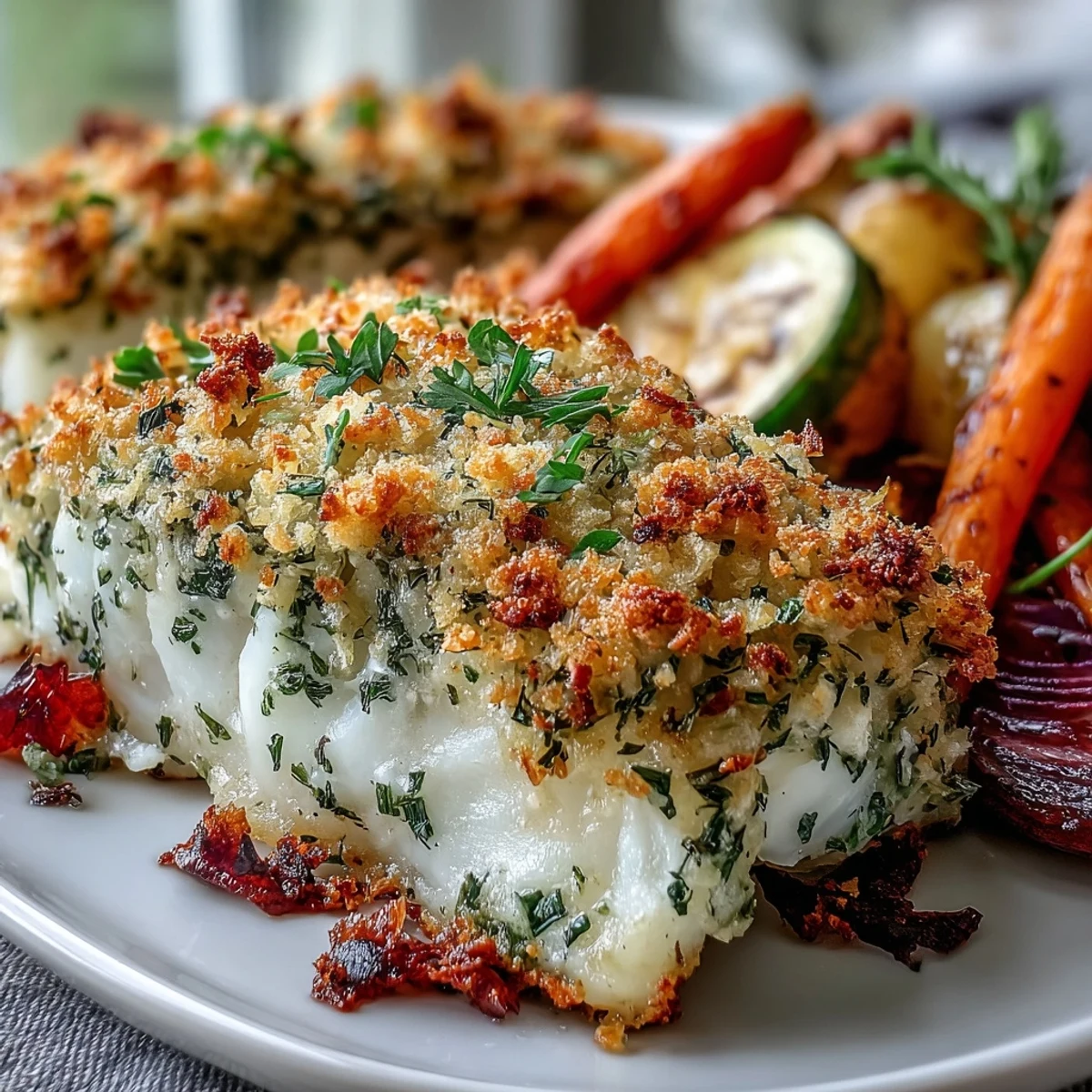 Close-up of Herb-Crusted Baked Cod with Roasted Vegetables, highlighting the crispy herb crust and caramelized carrots and peppers.