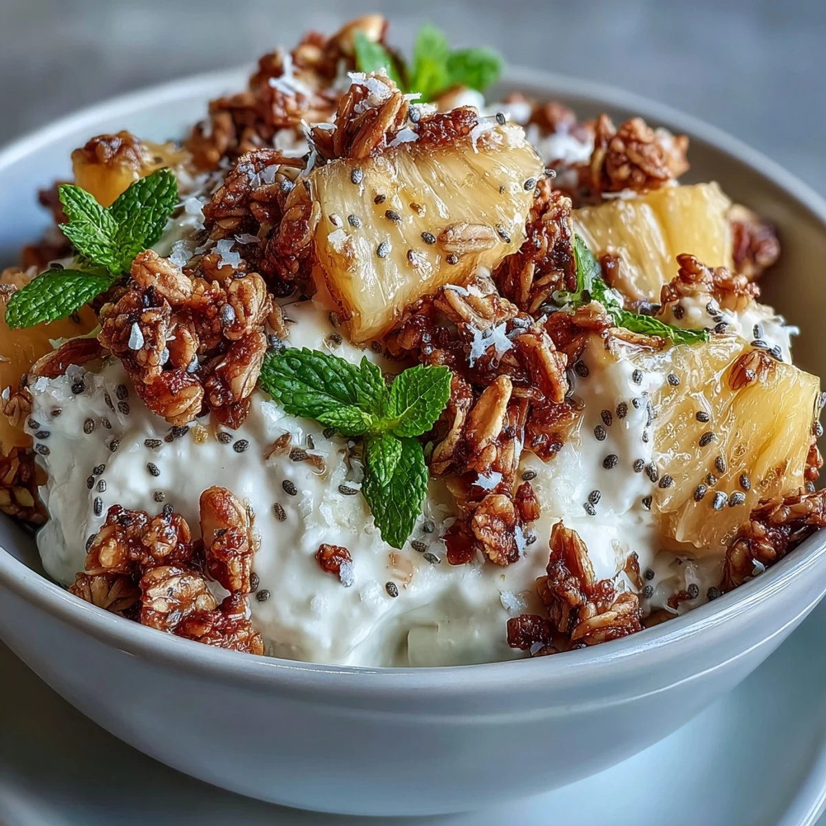 Close-up of a Cottage Cheese Breakfast Bowl with Pineapple and Granola, highlighting creamy texture and sweet, tropical pineapple chunks.