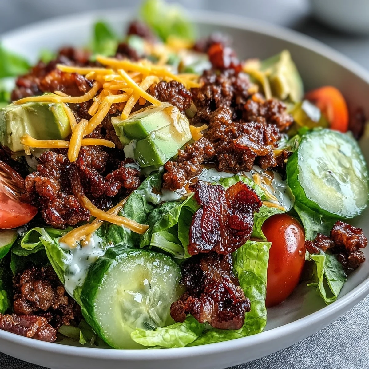 A close-up of Keto Bacon Cheeseburger Salad with avocado, pickles, and cheddar on crisp romaine, drizzled with savory burger sauce.