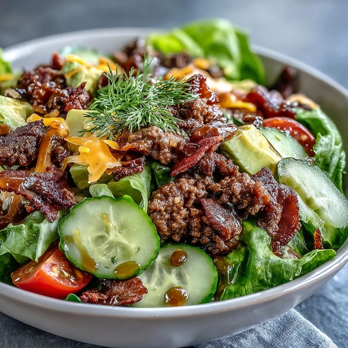 Freshly prepared Keto Bacon Cheeseburger Salad features ground beef, crumbled bacon, tomatoes, and red onion tossed in a low-carb bowl.