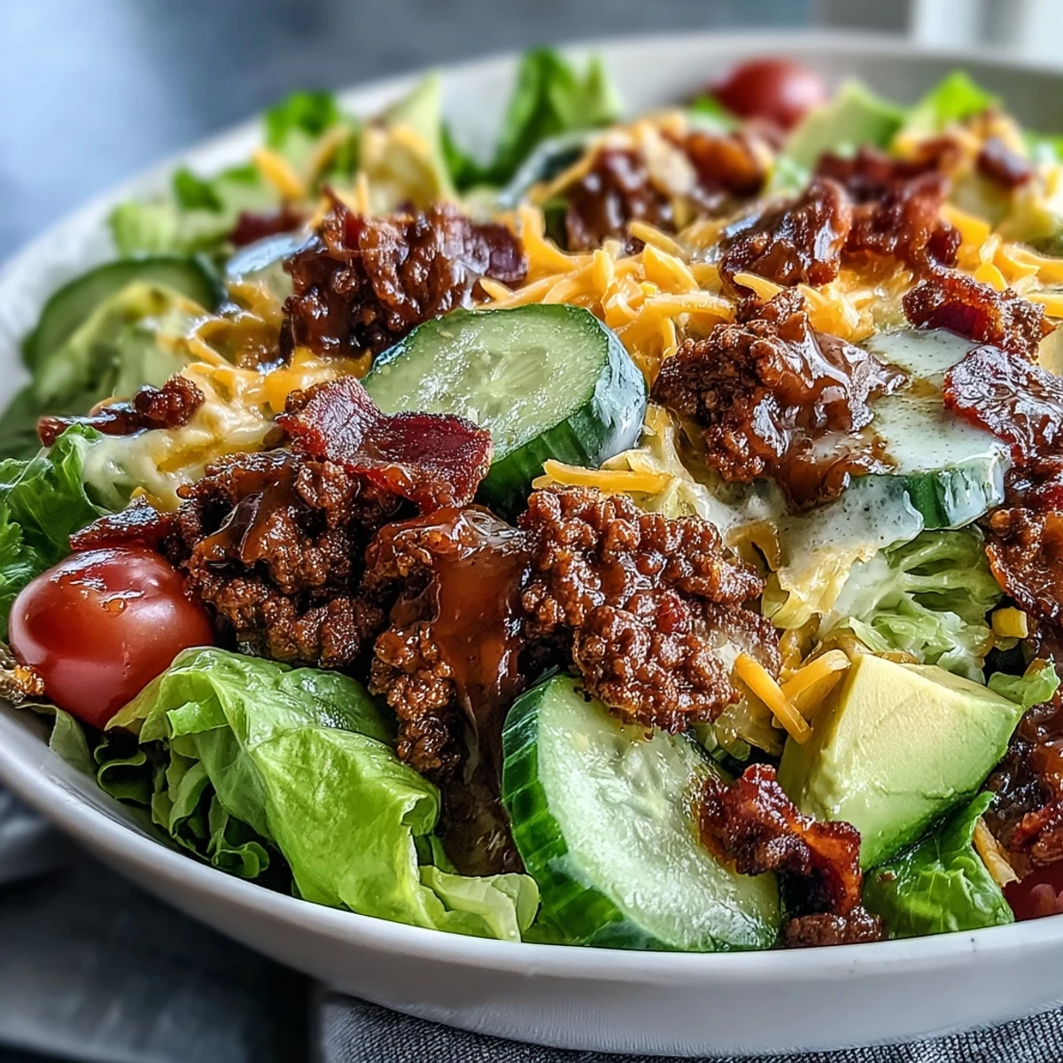 Serving suggestion for Keto Bacon Cheeseburger Salad with avocado cubes and pickles, perfect for a hearty gluten-free main dish.