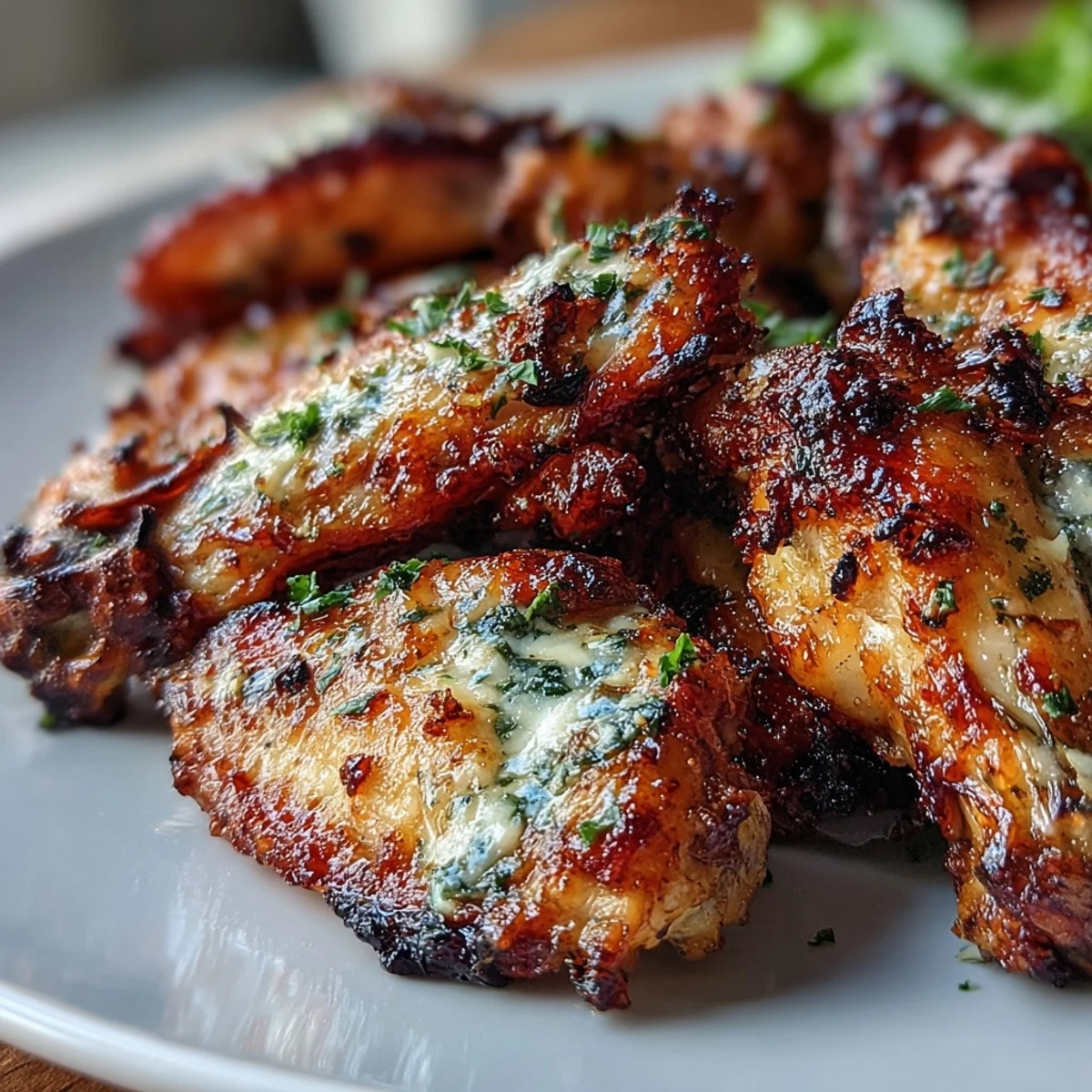 Golden-brown Keto Garlic Parmesan Baked Chicken Wings sit on a wire rack, coated in rich butter, herbs, and grated Parmesan for a crispy finish.