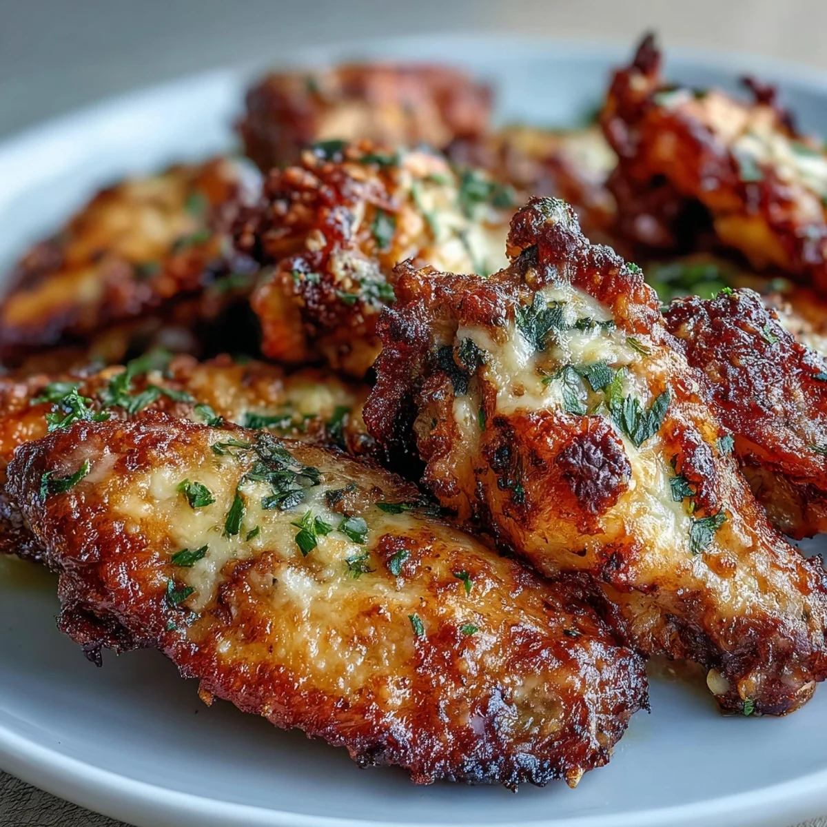 Freshly baked Keto Garlic Parmesan Baked Chicken Wings are garnished with parsley and red pepper flakes, served with celery sticks and keto ranch dip.
