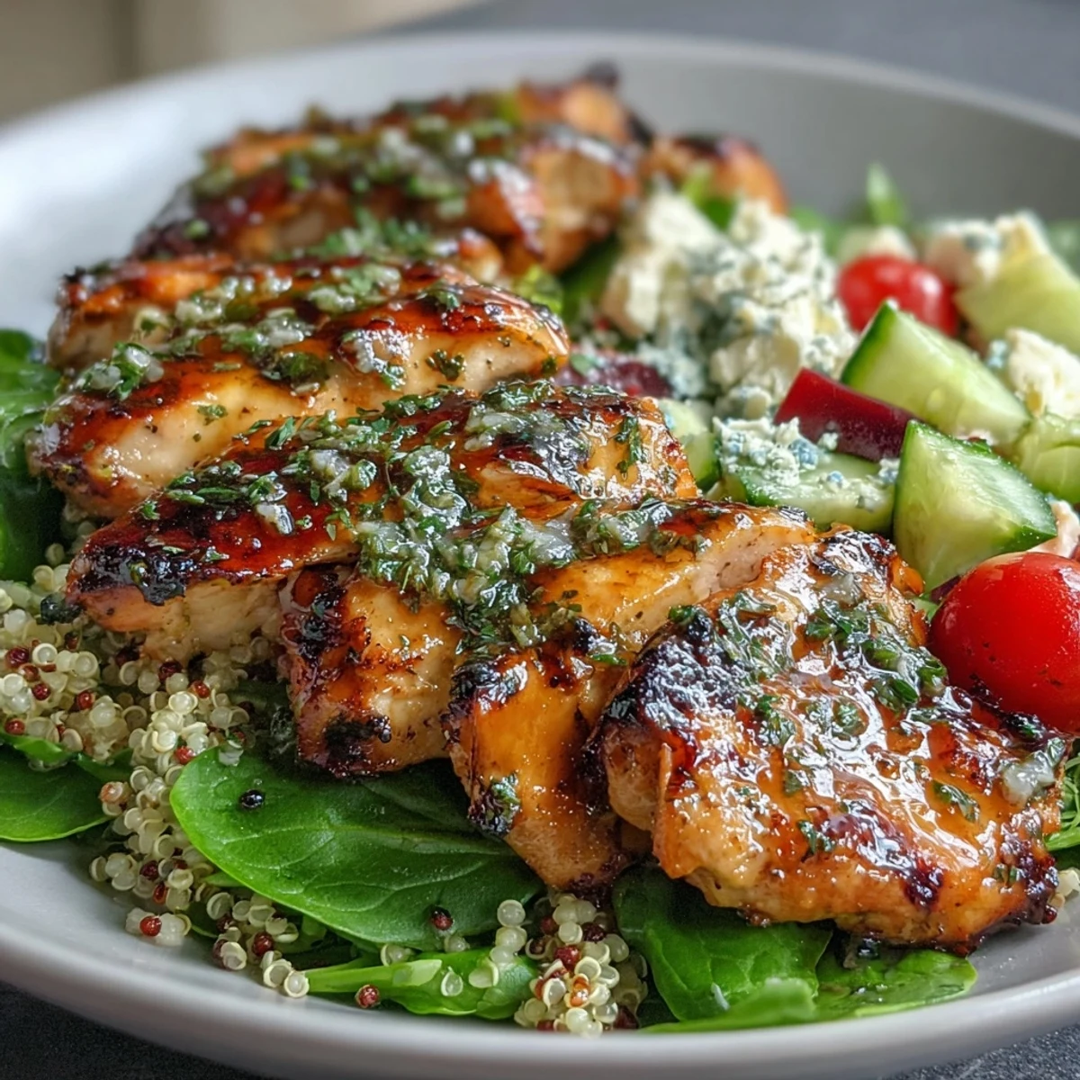 A colorful bowl of lemon-herb grilled chicken salad with quinoa, spinach, cherry tomatoes, cucumber, and feta, drizzled with tangy lemon dressing.