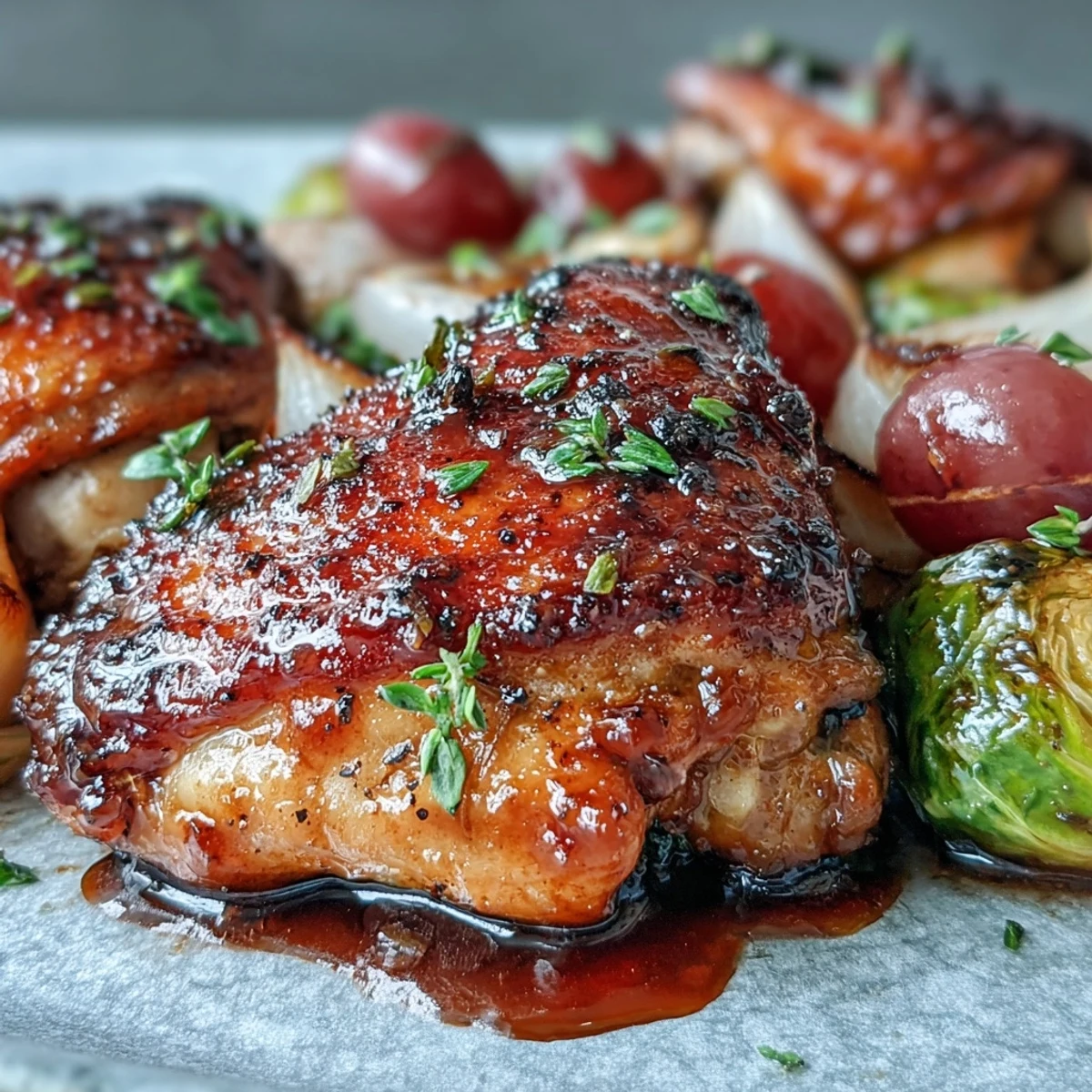 Vibrant one-pan meal of balsamic-glazed chicken thighs nestled among roasted Brussels sprouts and juicy red grapes, bursting with flavor.