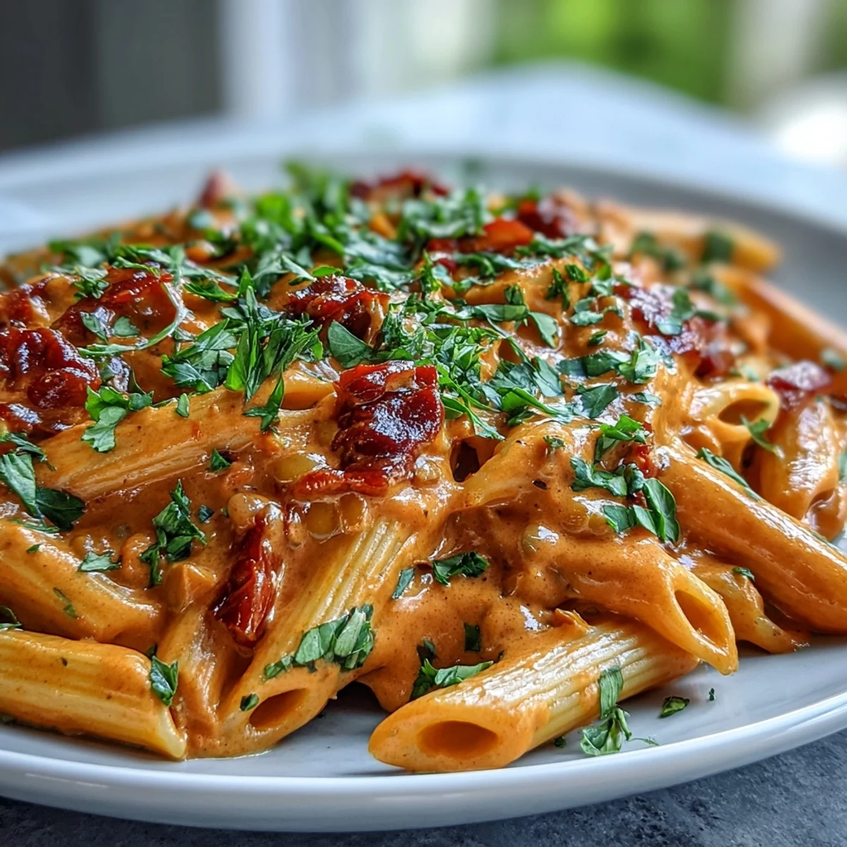Silky, smoky lentil-infused red pepper sauce coats al dente pasta in this wholesome, plant-based dinner bursting with Italian-inspired flavors.