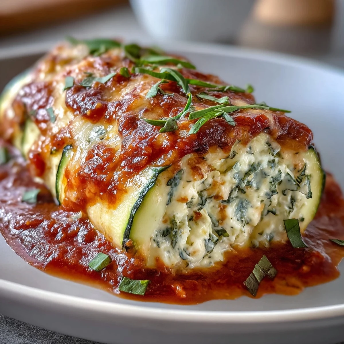 Keto Zucchini Lasagna Roll-Ups with Ricotta and Marinara: Tender zucchini slices rolled with creamy ricotta, herbs, and Parmesan, baked in rich marinara sauce.  