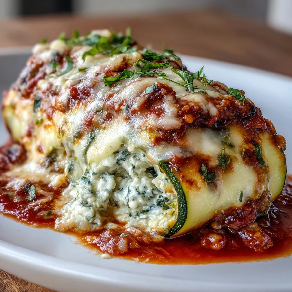 Delicious low-carb lasagna roll-ups made with zucchini, ricotta, and Parmesan, baked in savory marinara and topped with melted mozzarella cheese.