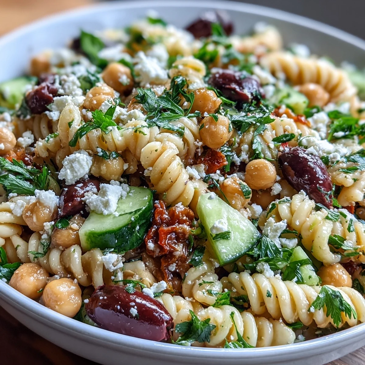 Protein-packed Mediterranean Chickpea Pasta Salad featuring chickpeas, fresh cucumber, cherry tomatoes, Kalamata olives, and feta, all tossed in a bright lemon-oregano dressing.