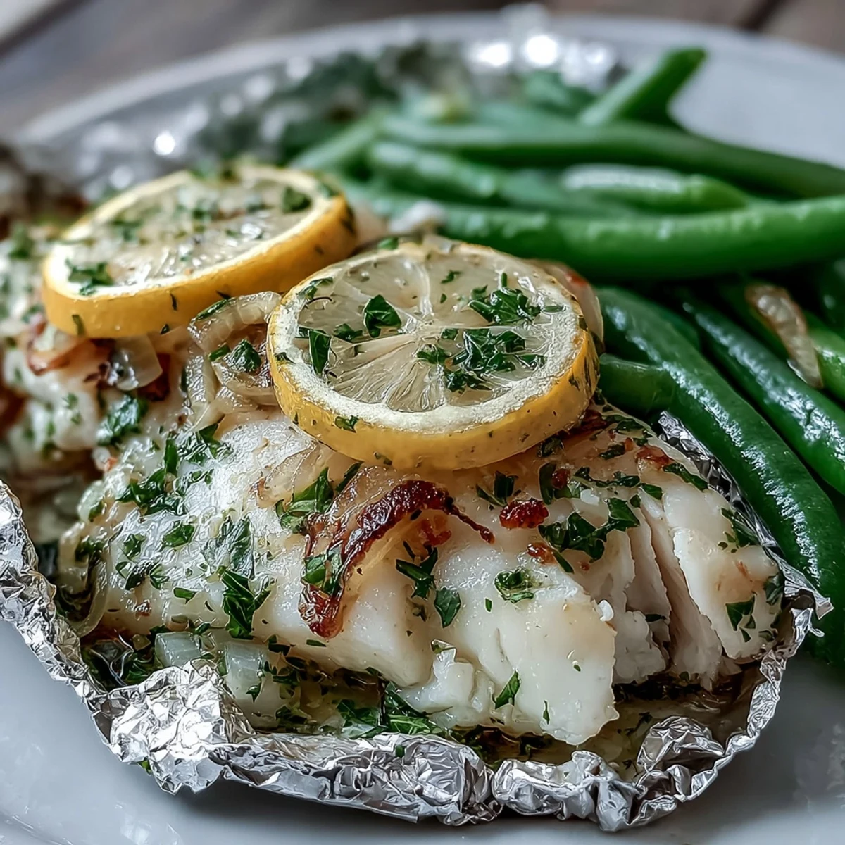 Zesty lemon garlic tilapia packets with green beans, baked in foil for a healthy, low-calorie dinner.  