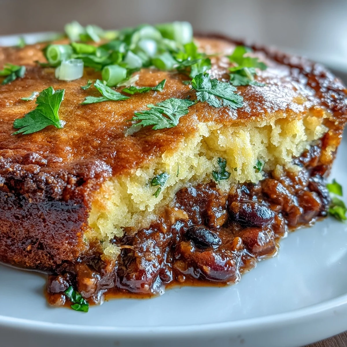 Hearty vegan taco pot pie with black beans and golden cornbread topping, baked until bubbling and golden brown.