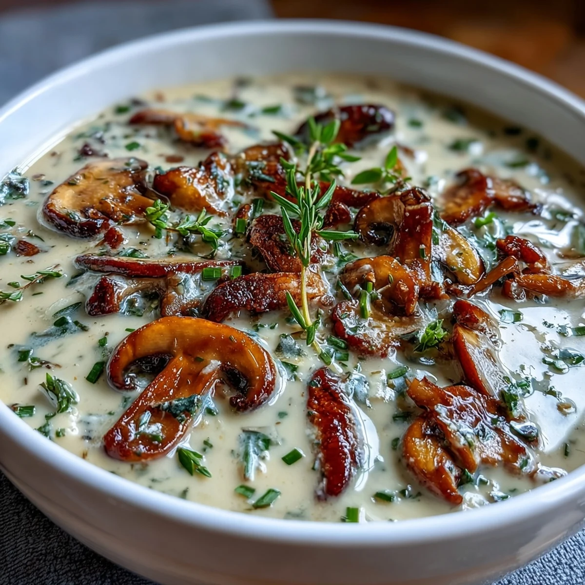 A velvety bowl of wild mushroom bisque, rich with sautéed mushrooms, thyme, and a swirl of cream, garnished with fresh herbs.  