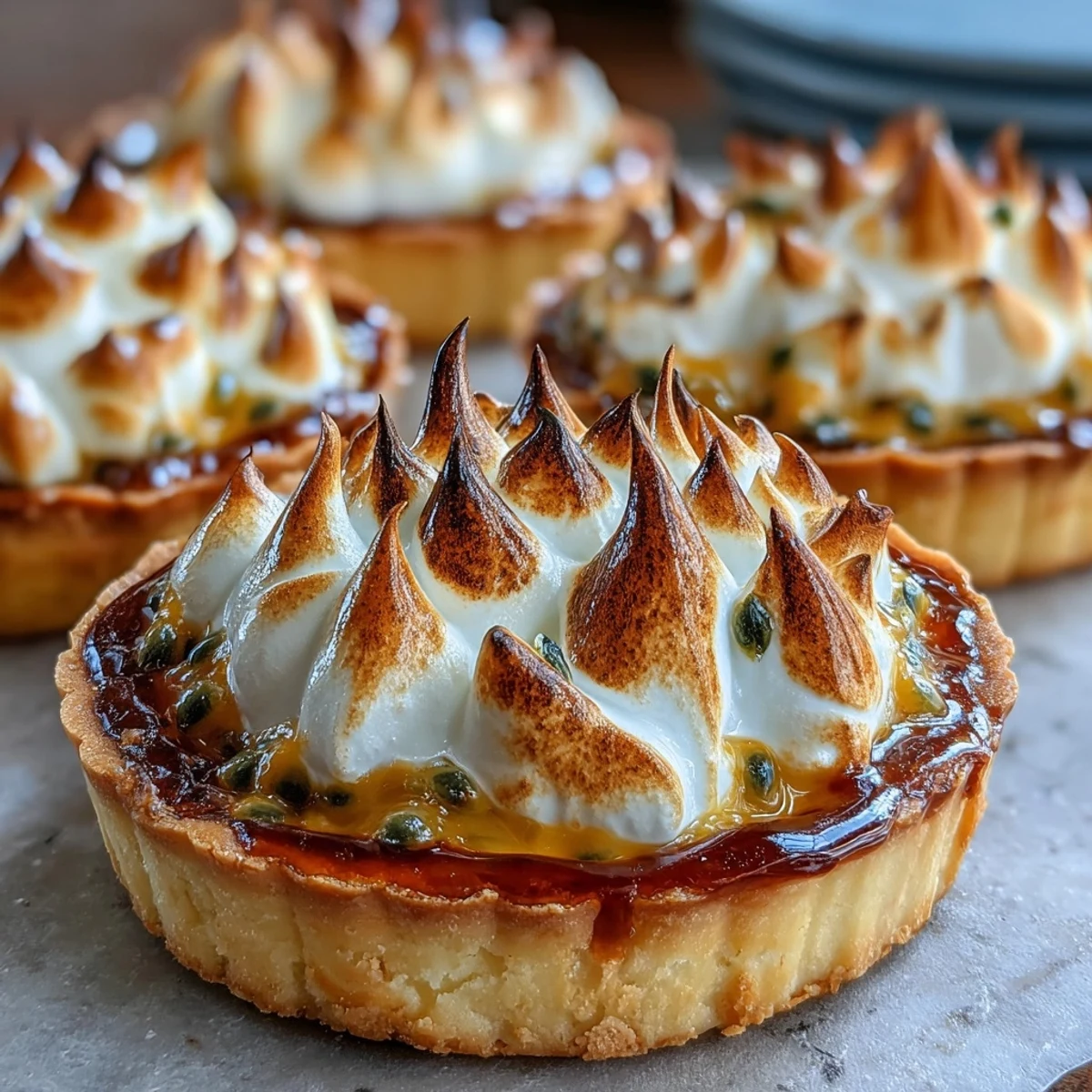 Tangy passionfruit tart with crisp pastry shell and golden meringue, a French-inspired treat.
