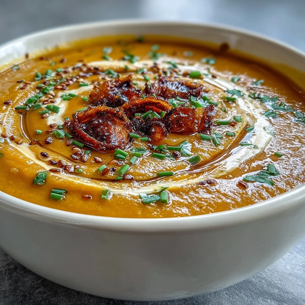 A bowl of creamy miso butternut squash soup garnished with coconut cream and chives, served with a spoon and rustic wooden table setting.