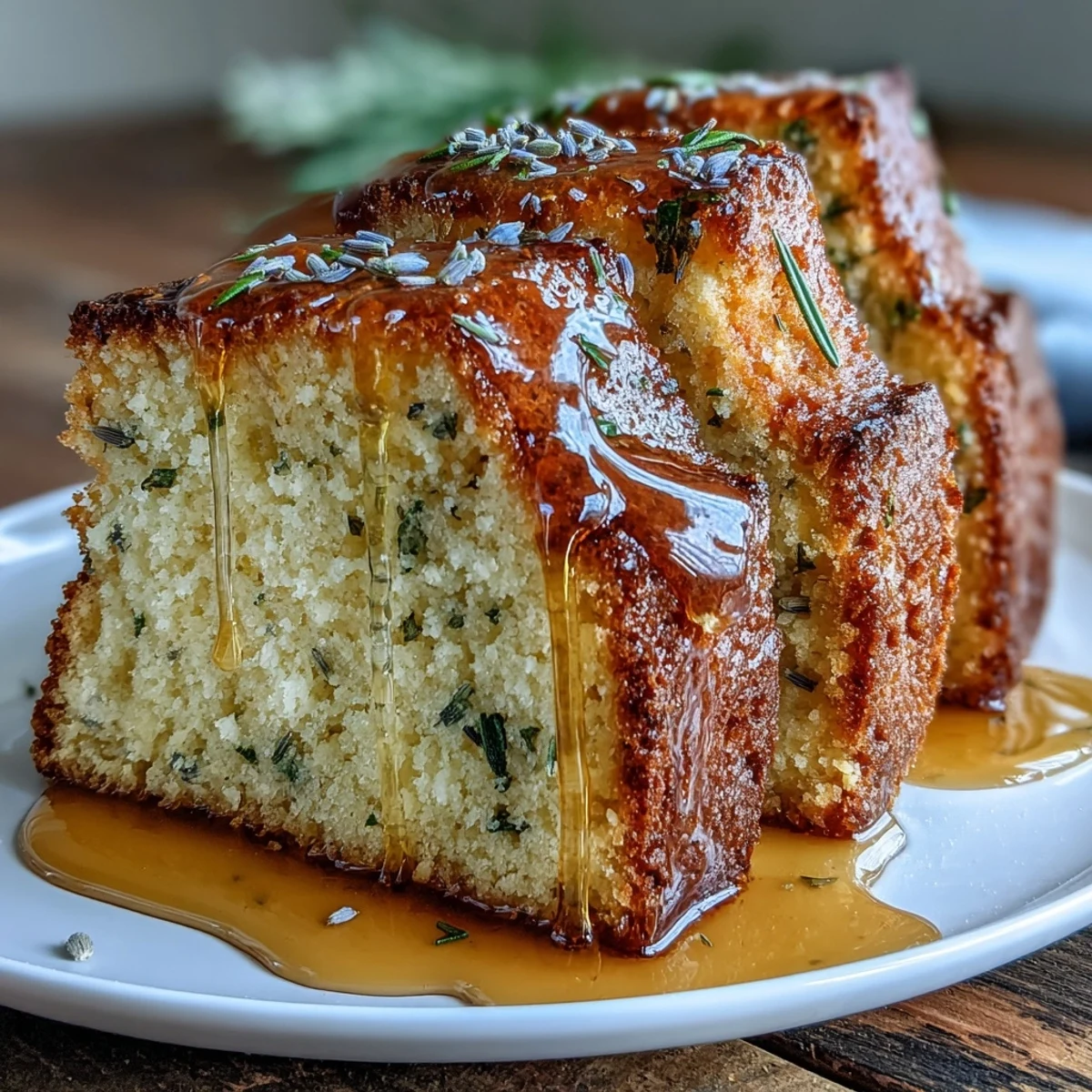 Fluffy lavender cake topped with a glossy salted honey glaze, perfect for elegant tea parties.