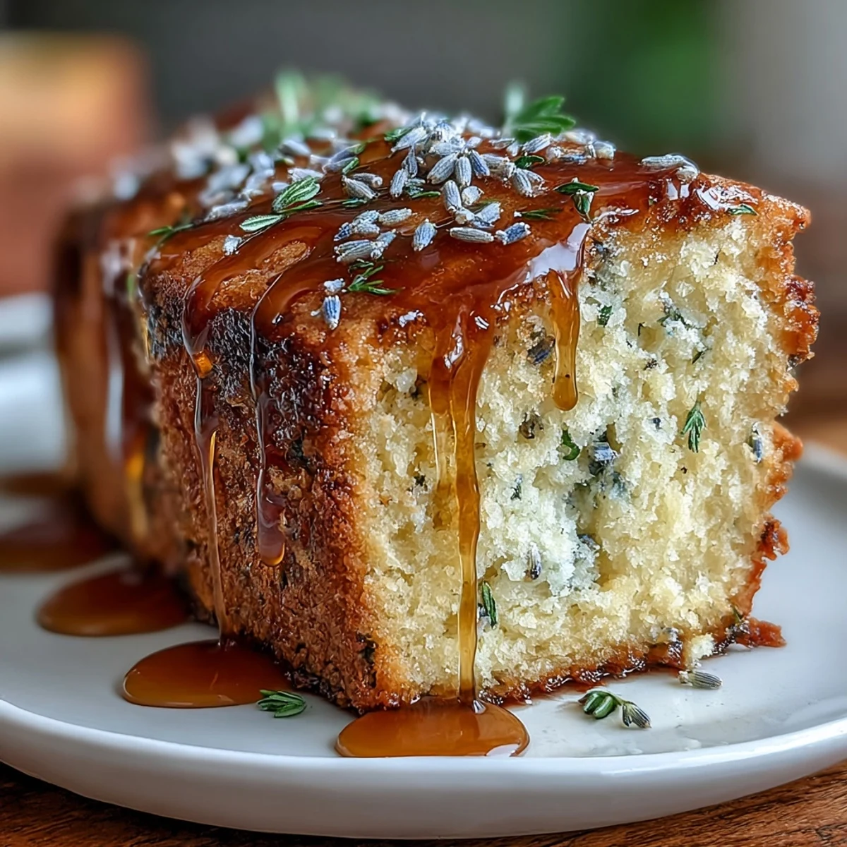Close-up of a moist lavender-infused cake with rich salted honey drizzle and flaky sea salt.