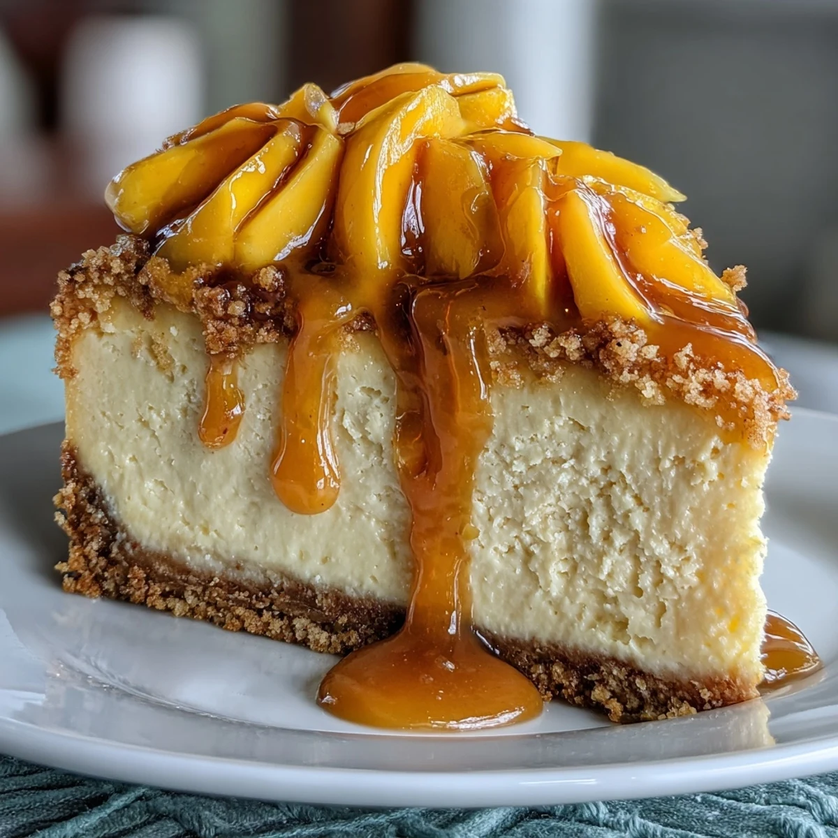 Luscious cheesecake infused with ripe mango puree, baked to perfection with a crumbly biscuit crust and a drizzle of sweet mango sauce.