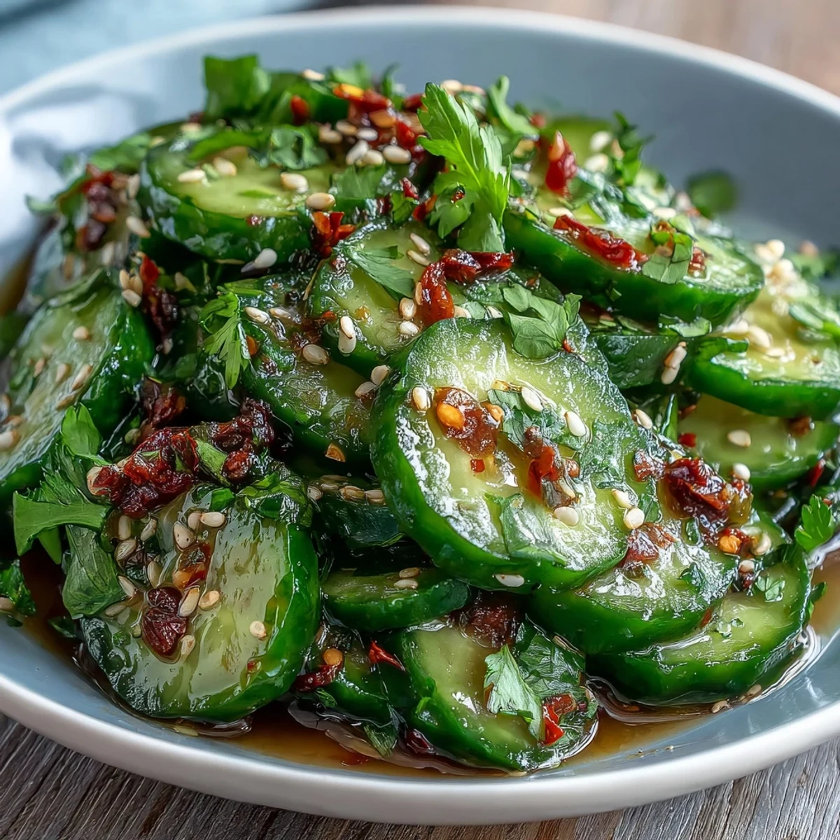 Fresh, vibrant chili-lime cucumber salad with zesty lime dressing and crisp cucumber slices.  
