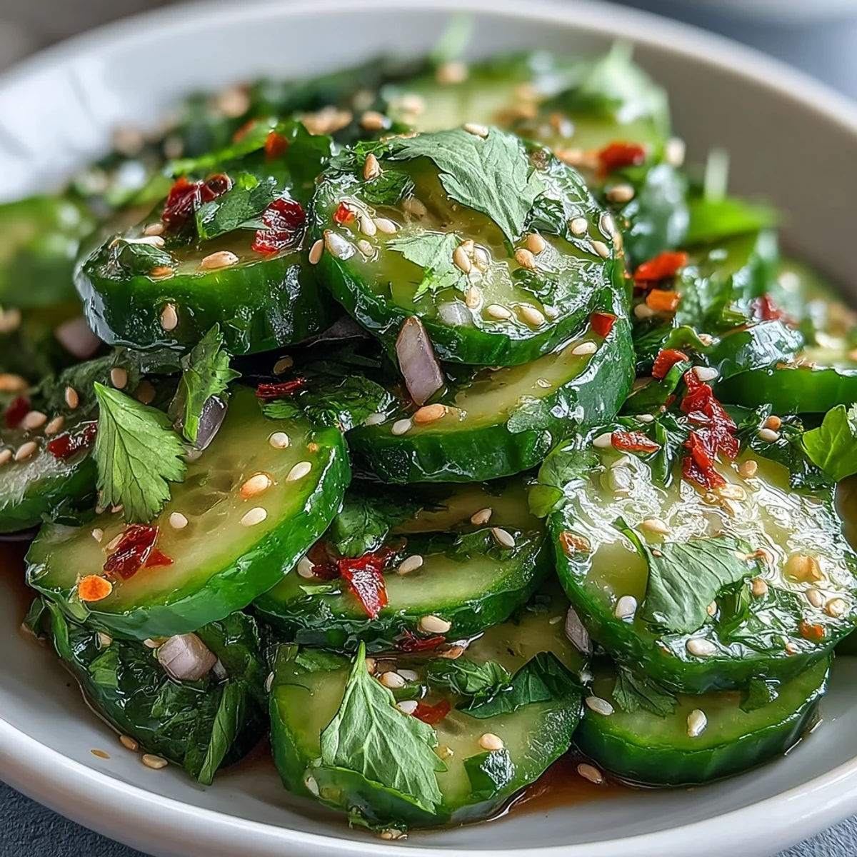Zesty chili-lime cucumber salad tossed with red onion, cilantro, and a tangy dressing.