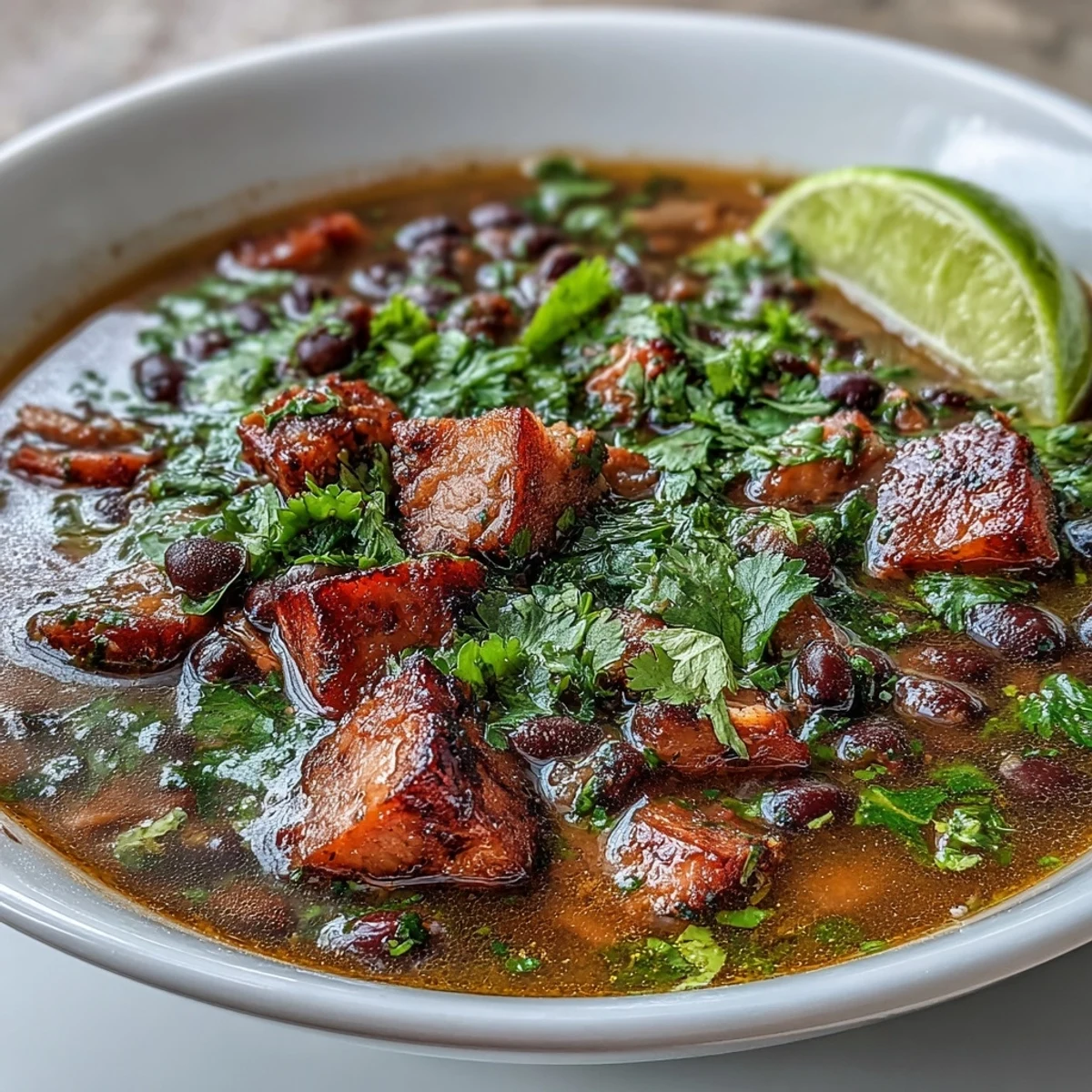 Hearty bowl of ham and black bean soup with lime and fresh cilantro garnish.