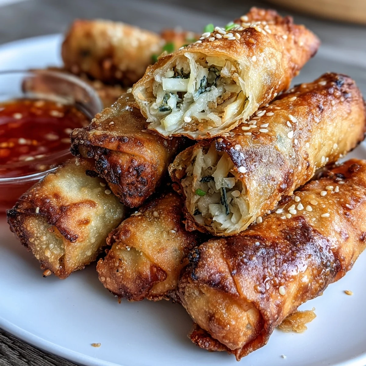 Golden vegetable spring rolls air-fried to perfection, filled with cabbage, carrots, and mushrooms, paired with a tangy sweet chili dipping sauce.