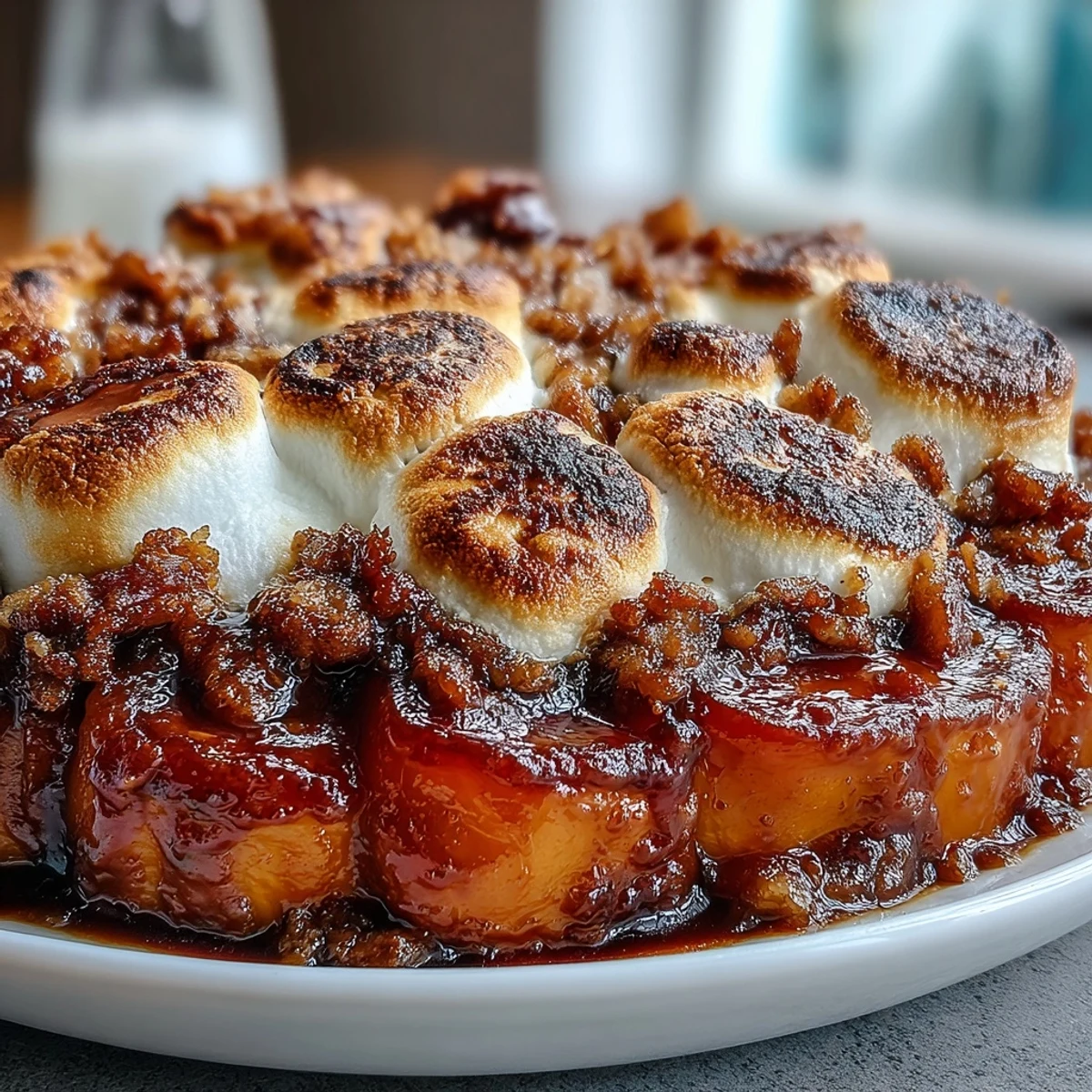 Classic soul food candied yams topped with gooey marshmallows and crunchy pecan streusel.  