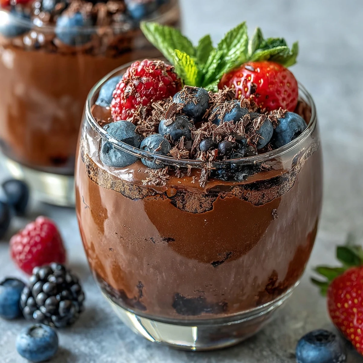 Rich and smooth cottage cheese chocolate mousse with fresh berries, perfect for a healthy yet indulgent dessert.