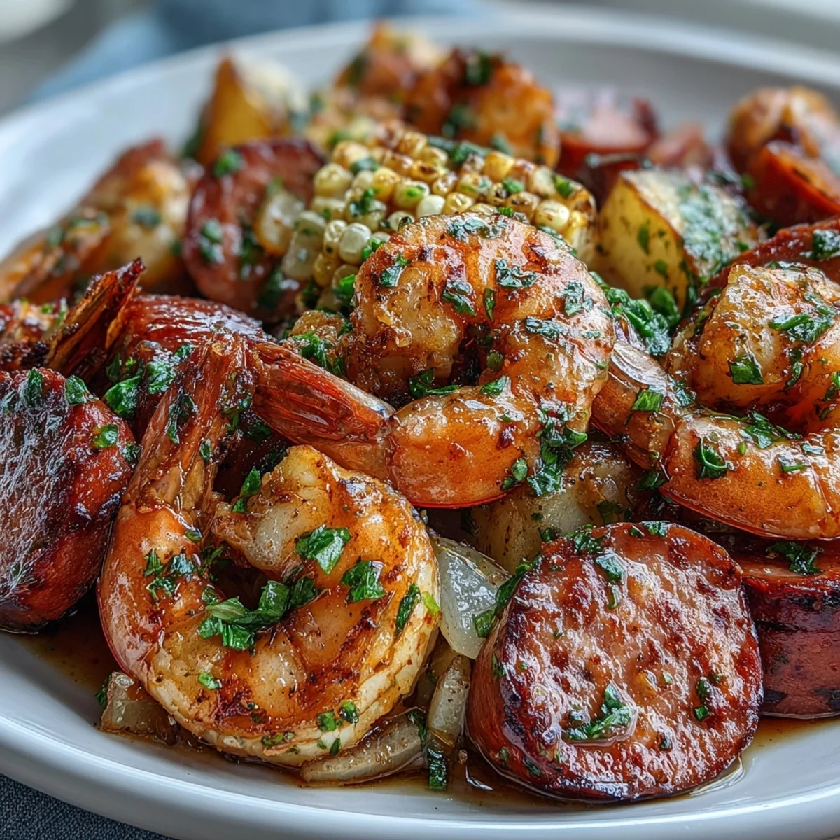 3. Hearty Cajun shrimp and sausage boil with succulent shrimp, spicy sausage, sweet corn, and potatoes, all tossed in melted butter and garnished with fresh parsley for a festive feast.