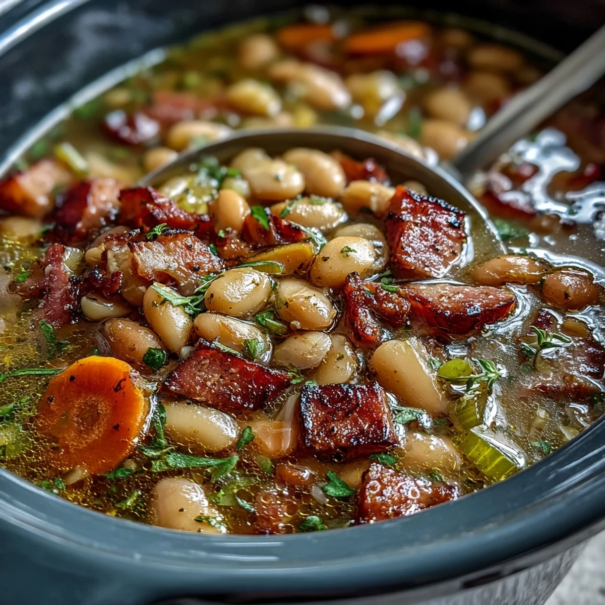 Creamy white bean and diced ham soup loaded with fresh vegetables and aromatic herbs.  