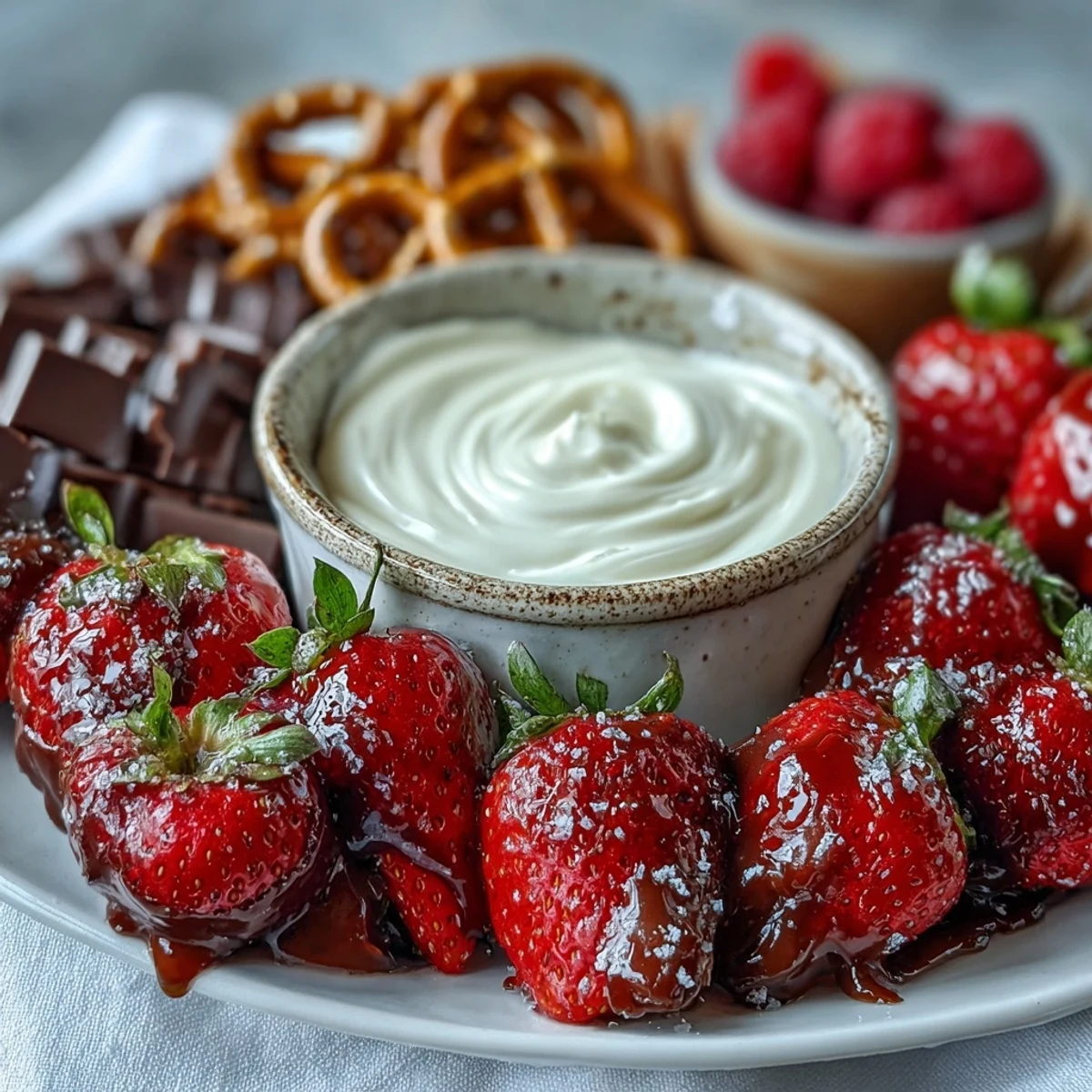 This vibrant strawberry snack board features juicy fruit, crunchy pretzels, and rich chocolate, all paired with a tangy yogurt dip for a festive treat.