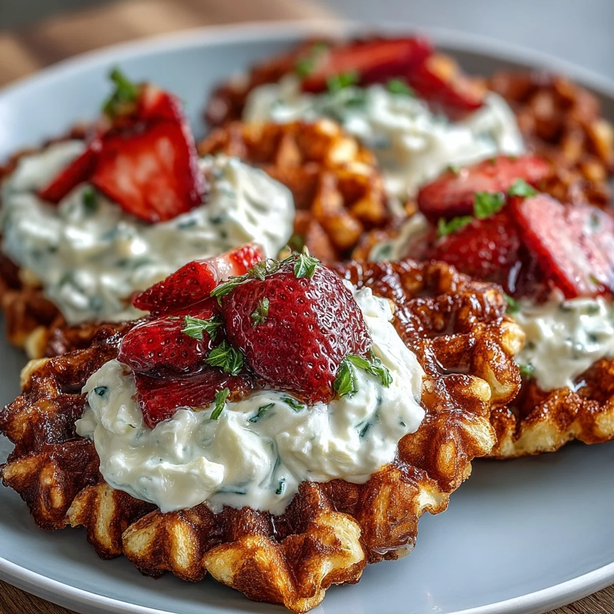 Fluffy heart-shaped waffles drizzled with creamy cottage cheese whip and topped with juicy strawberries, perfect for a romantic breakfast or brunch.