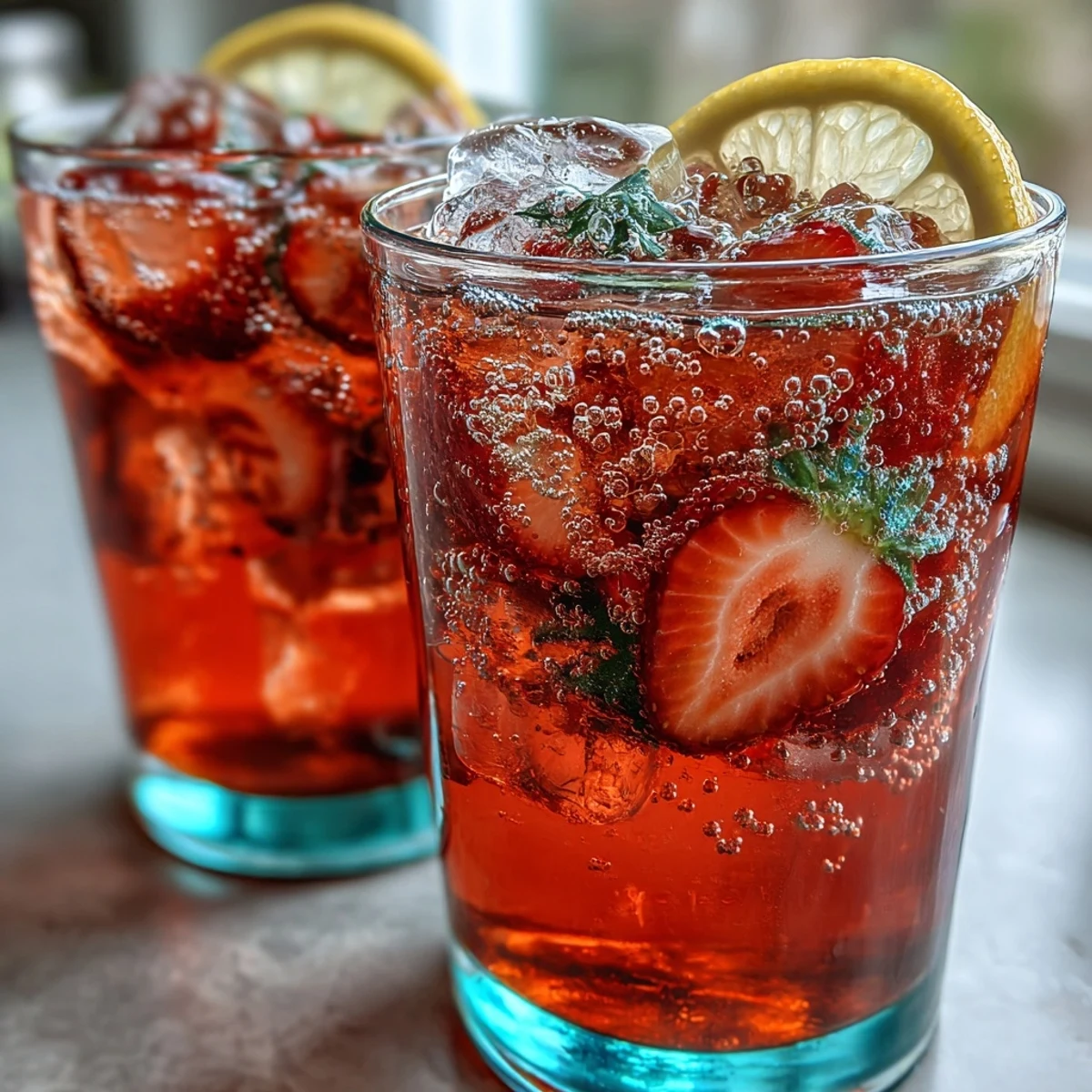 Vibrant strawberry lemonade mocktail with sparkling water, fresh strawberries, and lemon slices in a clear pitcher.