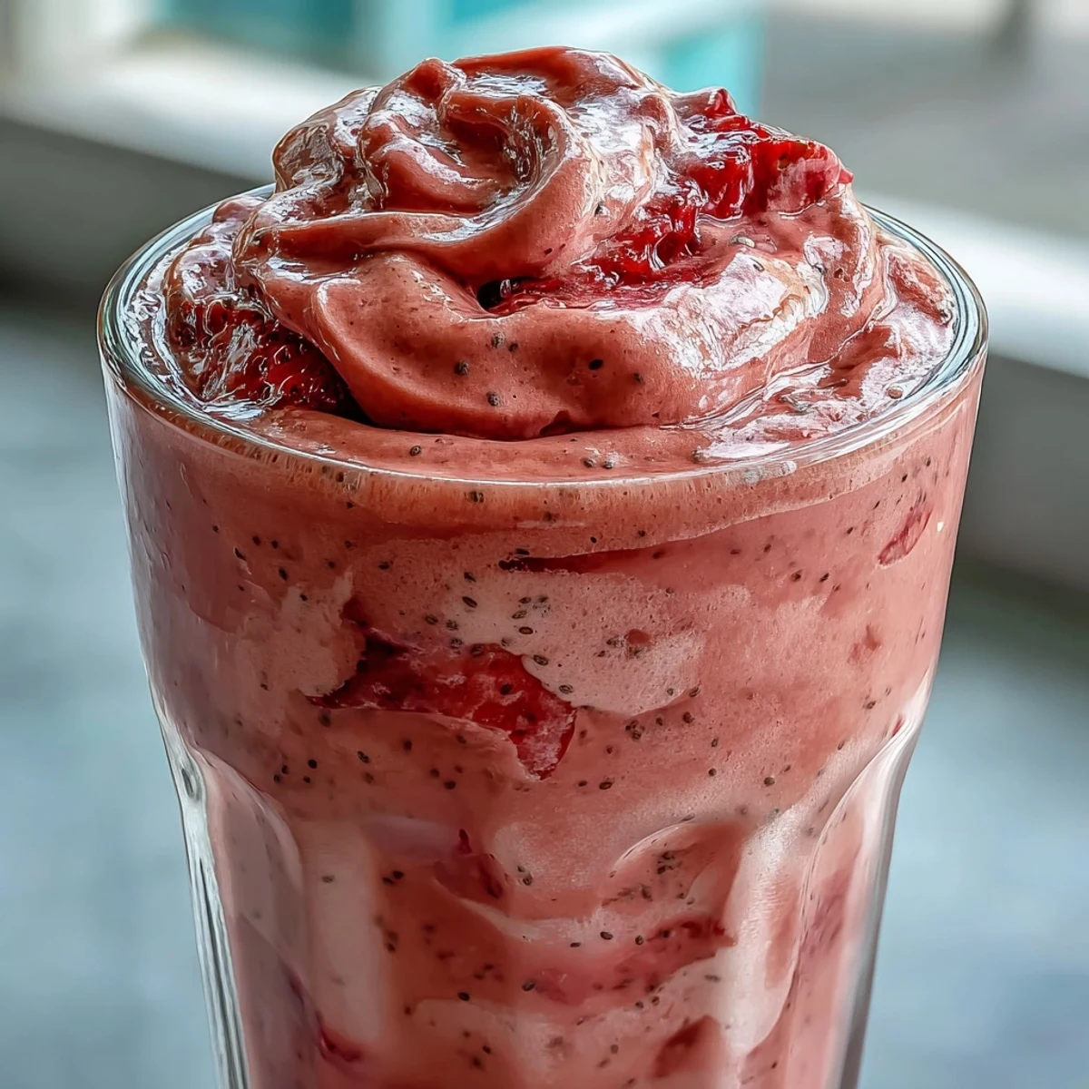 A thick and frosty strawberry banana protein smoothie, perfect for post-workout recovery or a quick, energizing morning meal.