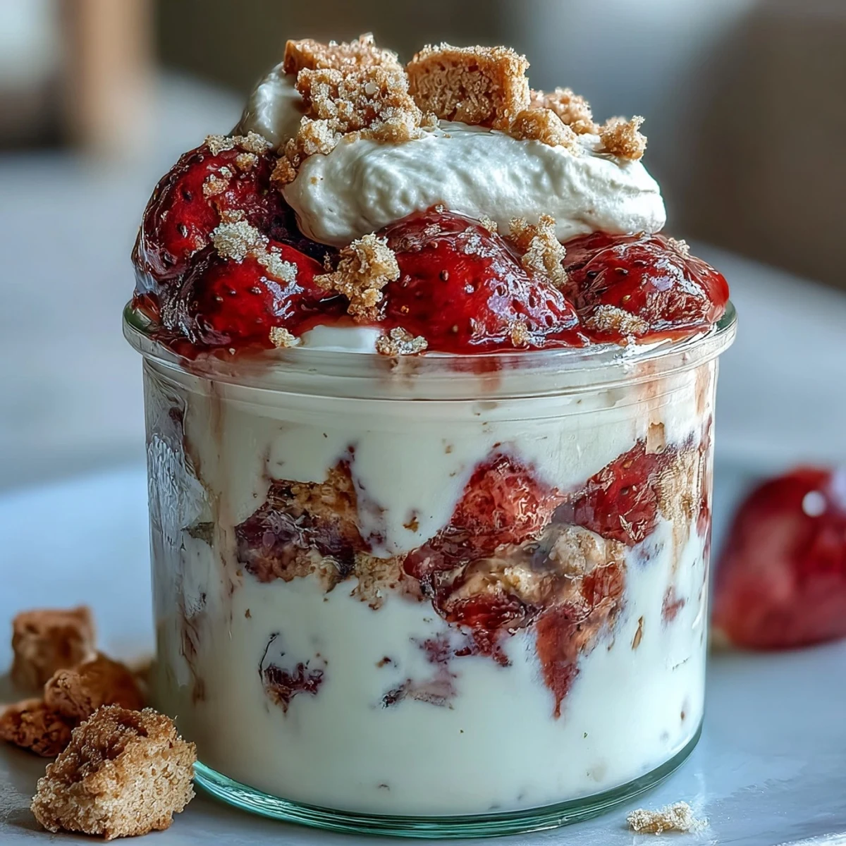 Vanilla-infused oats and juicy strawberries in a jar, inspired by classic strawberry shortcake—perfect for busy mornings.