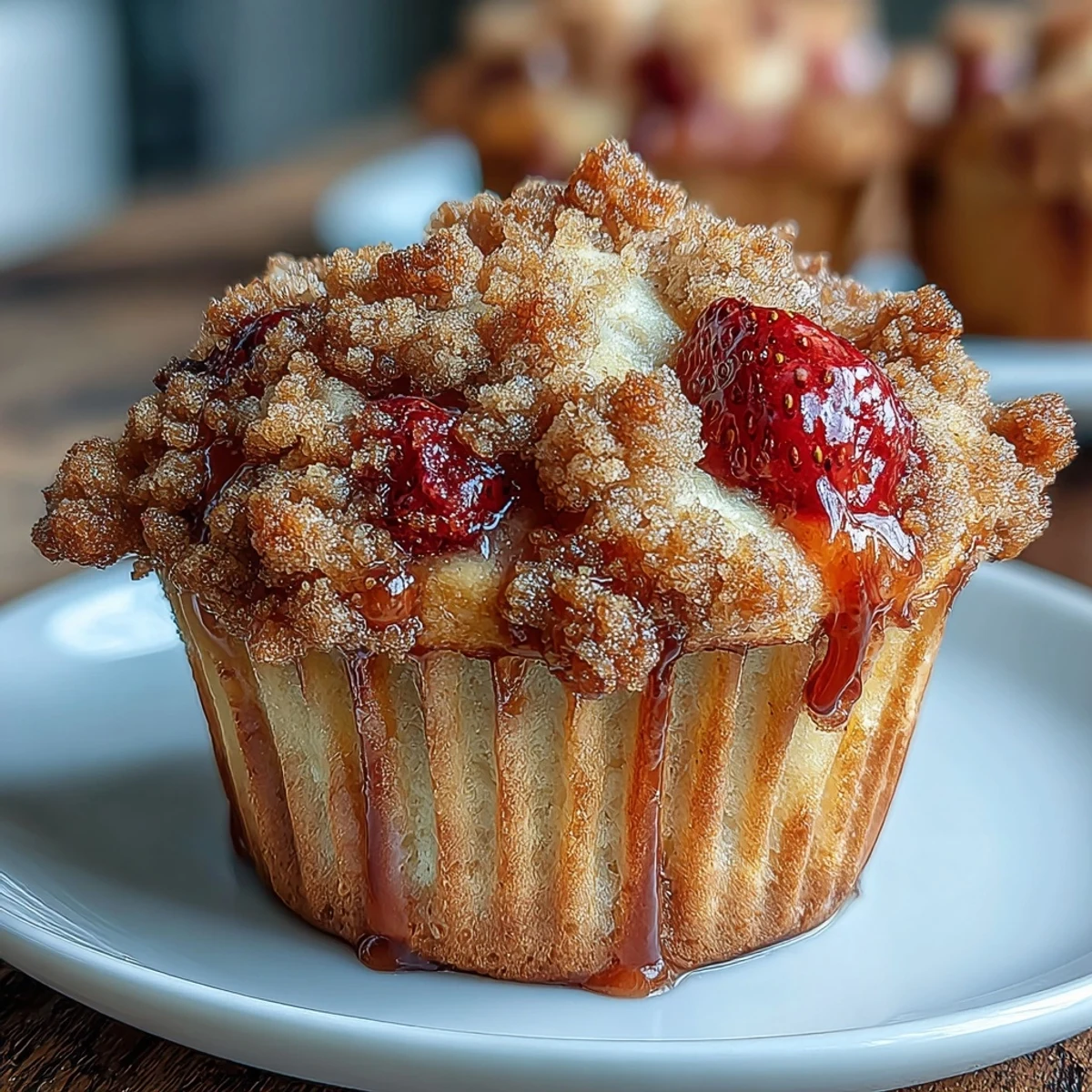 A golden batch of strawberry sourdough muffins with a buttery crumb topping, fresh berries peeking through the tender crumb.