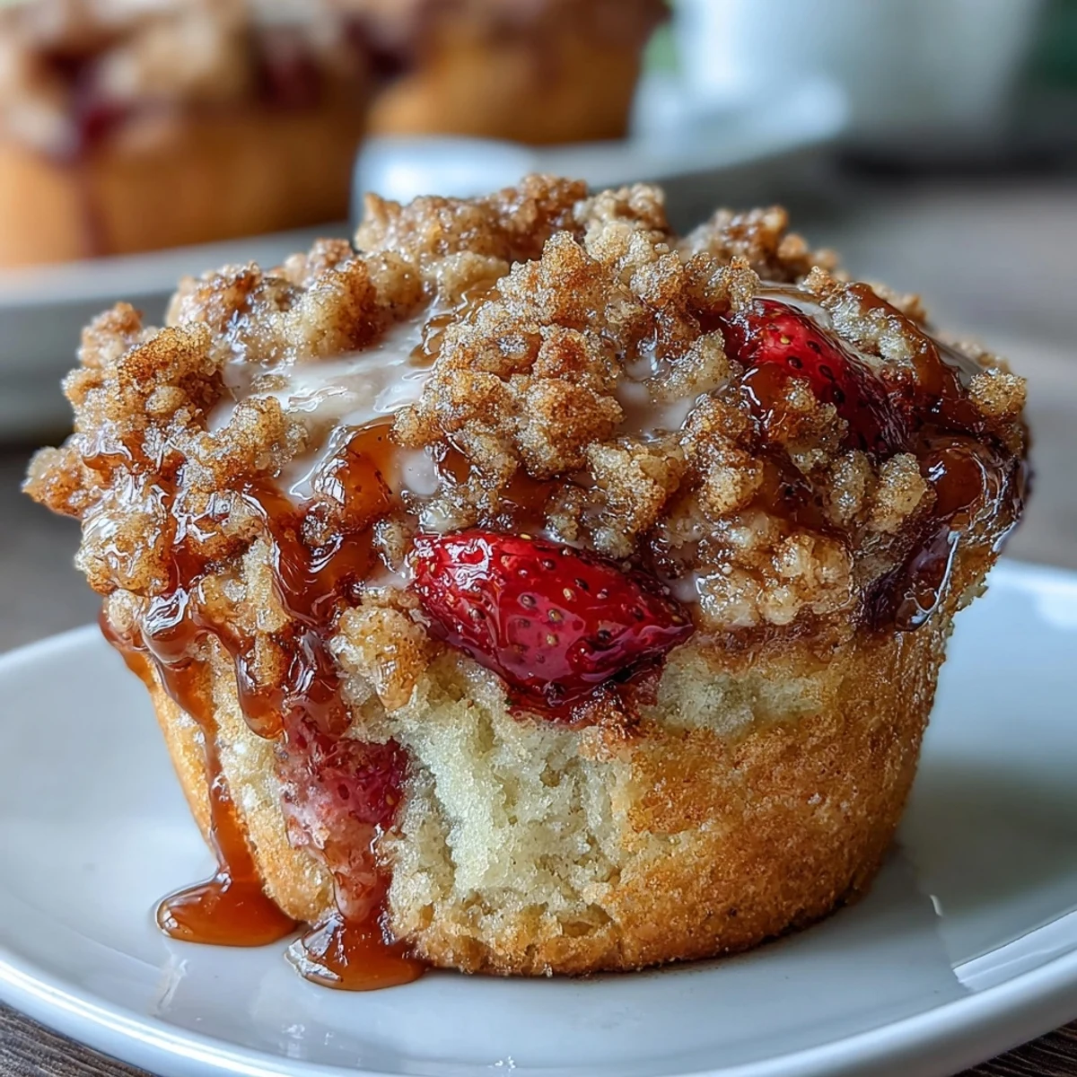 Fluffy strawberry muffins made with tangy sourdough starter, topped with crunchy cinnamon streusel for a delightful breakfast treat.