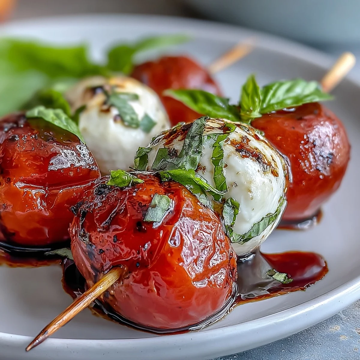 Colorful Picnic Caprese Skewers with Balsamic Drizzle showcasing vibrant cherry tomatoes, creamy mozzarella, and fragrant basil on wooden skewers.