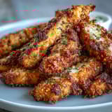 Crispy baked chicken parmesan fries, golden and oven-baked, served with marinara sauce and ranch dressing for dipping.