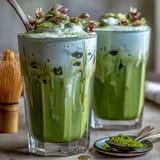Smooth iced matcha latte adorned with airy vanilla cold foam, perfect for brunch.