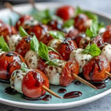 Mini Caprese salad skewers showcasing vibrant tomatoes, mozzarella, basil, and luscious balsamic glaze.
