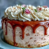 A glistening slice of Rosé Velvet Cake with delicate pink hue and rich, smooth frosting.